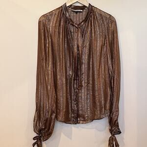Jaeger London Blouse Bronze Metallic Shimmer Sparkle Shirt Tie Sleeves Size M